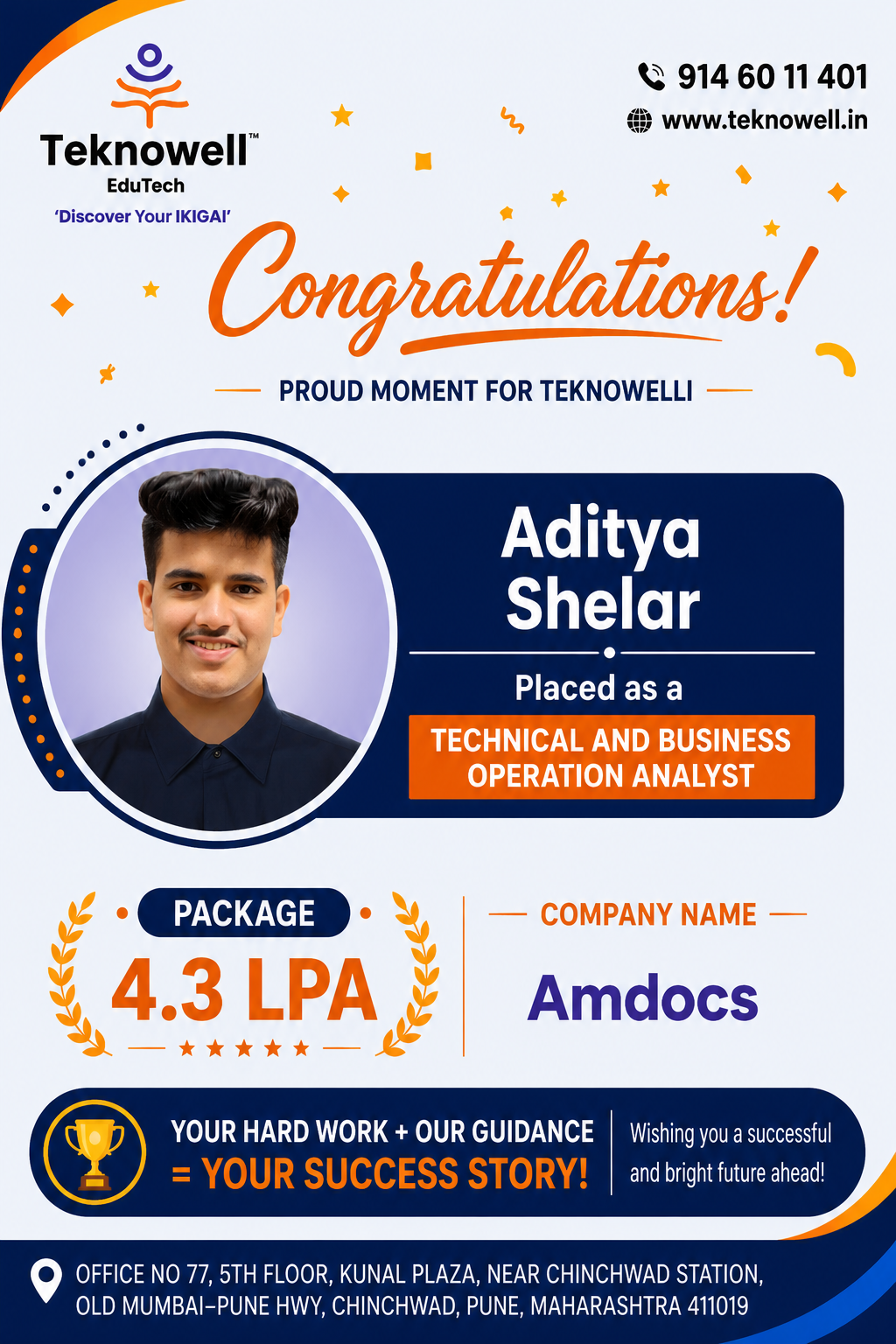 Teknowell EduTech congratulates Aditya Shelar on being placed as a Technical and Business Operation Analyst at Amdocs with a 4.3 LPA package.
