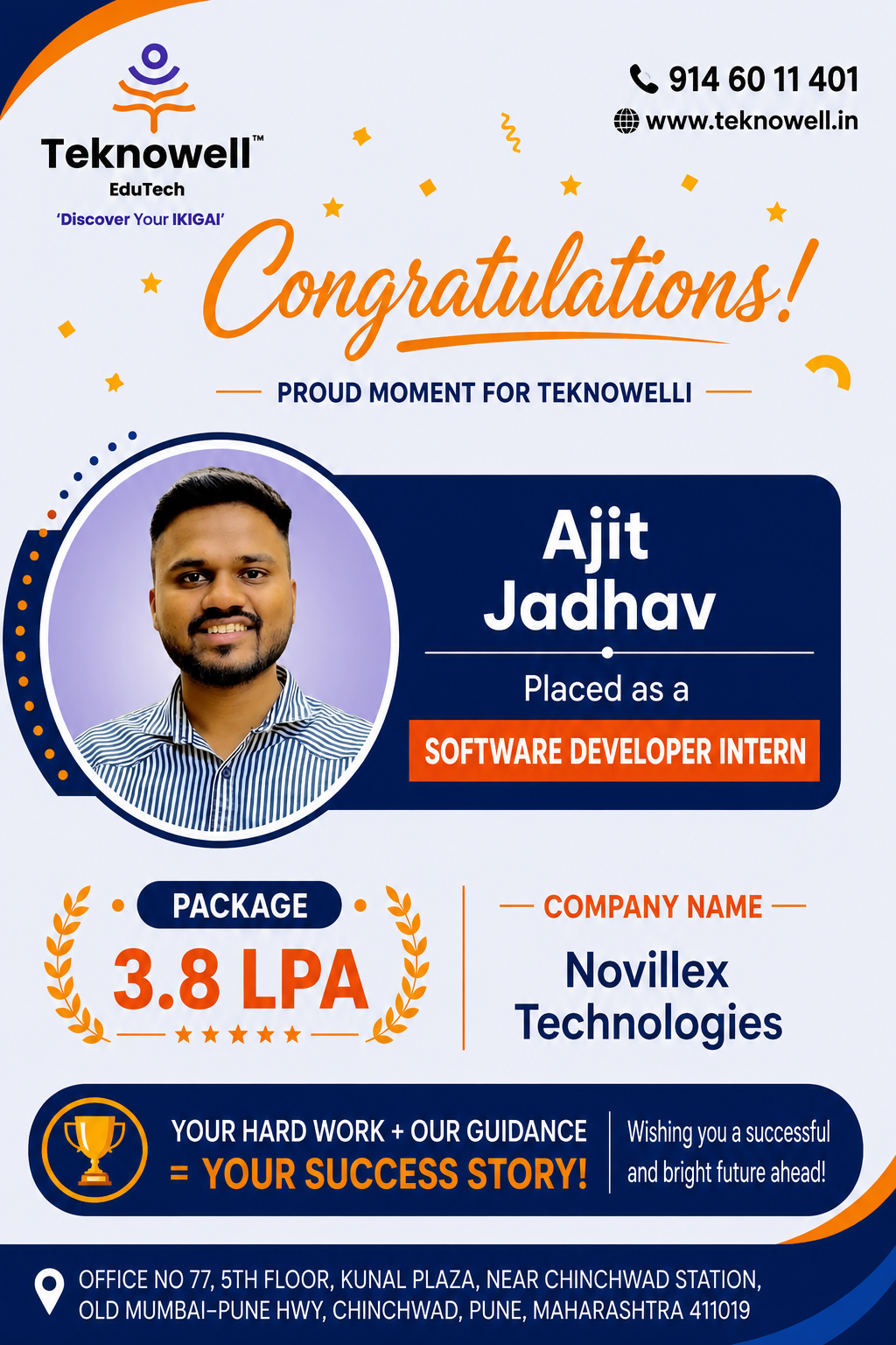 Teknowell EduTech congratulates Ajit Jadhav on being placed as a Software Developer Intern at Novillex Technologies with a 3.8 LPA package.