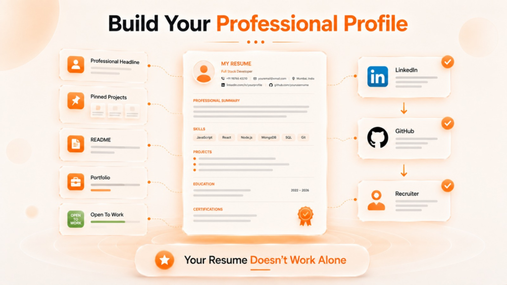 Professional profile infographic connecting resume, LinkedIn, GitHub, and recruiters