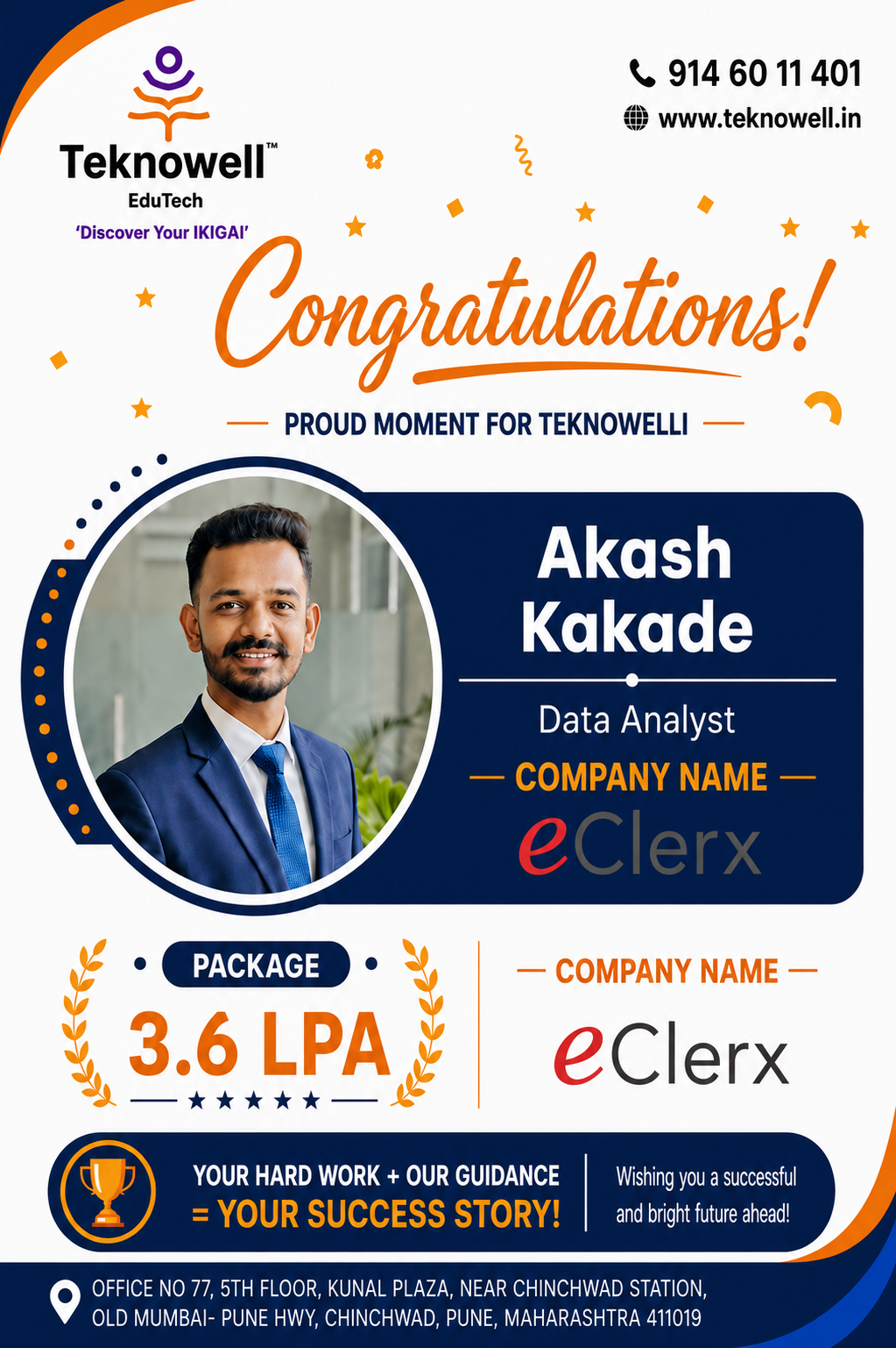 Teknowell EduTech congratulates Akash Kakade on being placed as a Data Analyst at eClerx with a 3.6 LPA package.