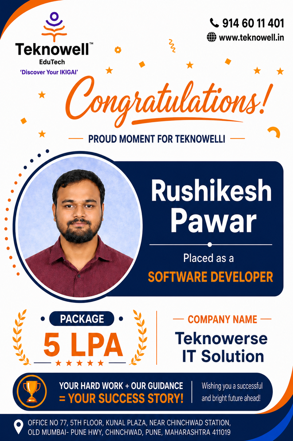 Teknowell EduTech congratulates Rushikesh Pawar on being placed as a Software Developer at Teknoverse IT Solution with a 5 LPA package.