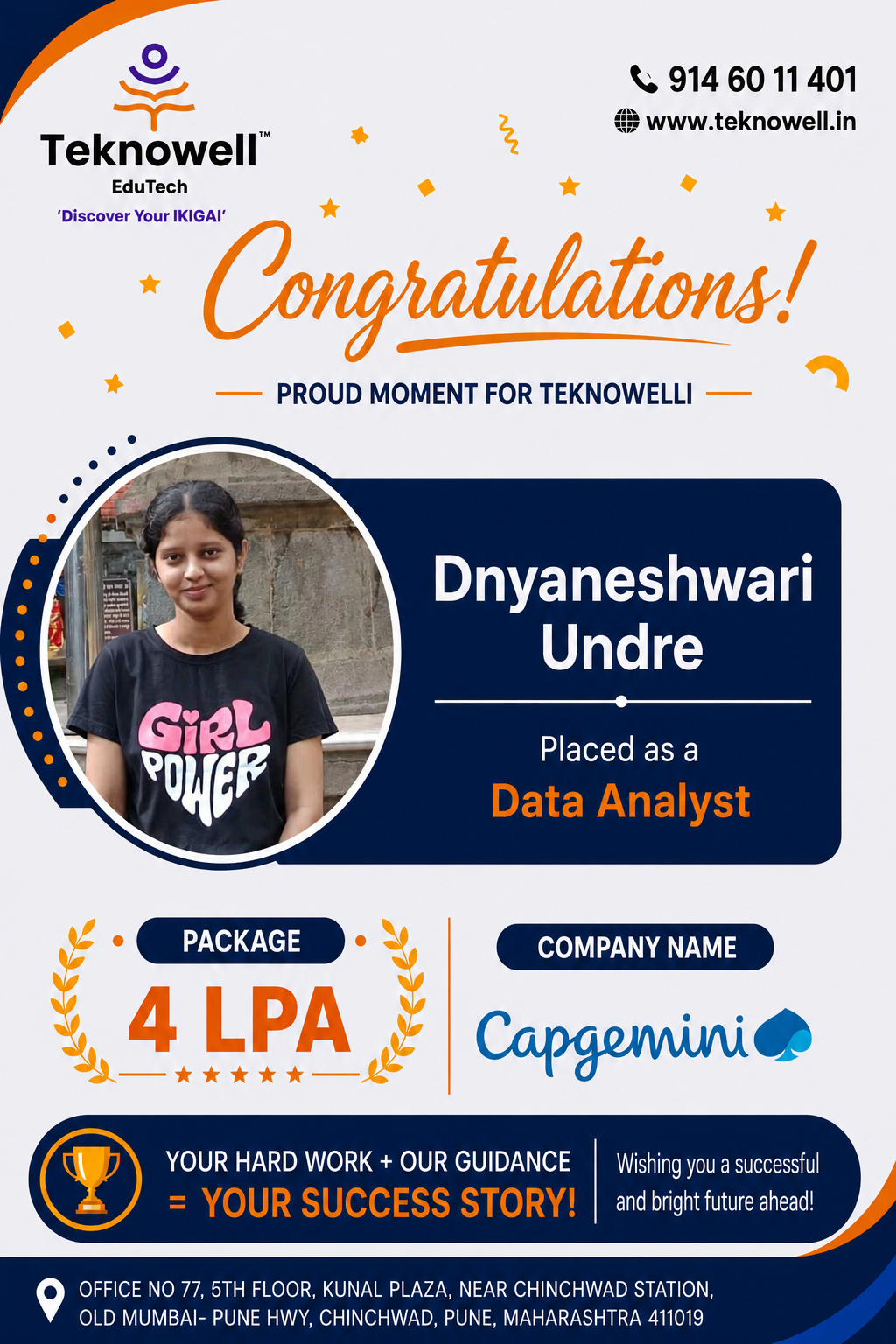 Teknowell EduTech congratulates Dnyaneshwari Undre on being placed as a Data Analyst at Capgemini with a 4 LPA package.