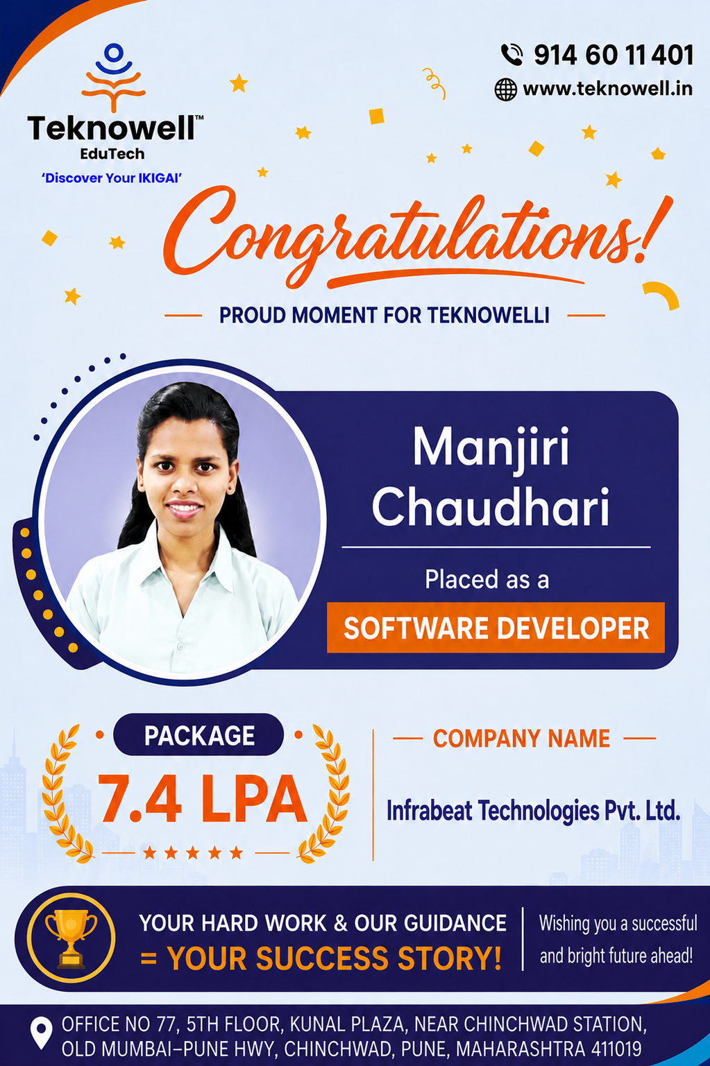 Teknowell EduTech congratulates Manjiri Chaudhari on being placed as a Software Developer at Infrabeat Technologies Pvt. Ltd. with a 7.4 LPA package.