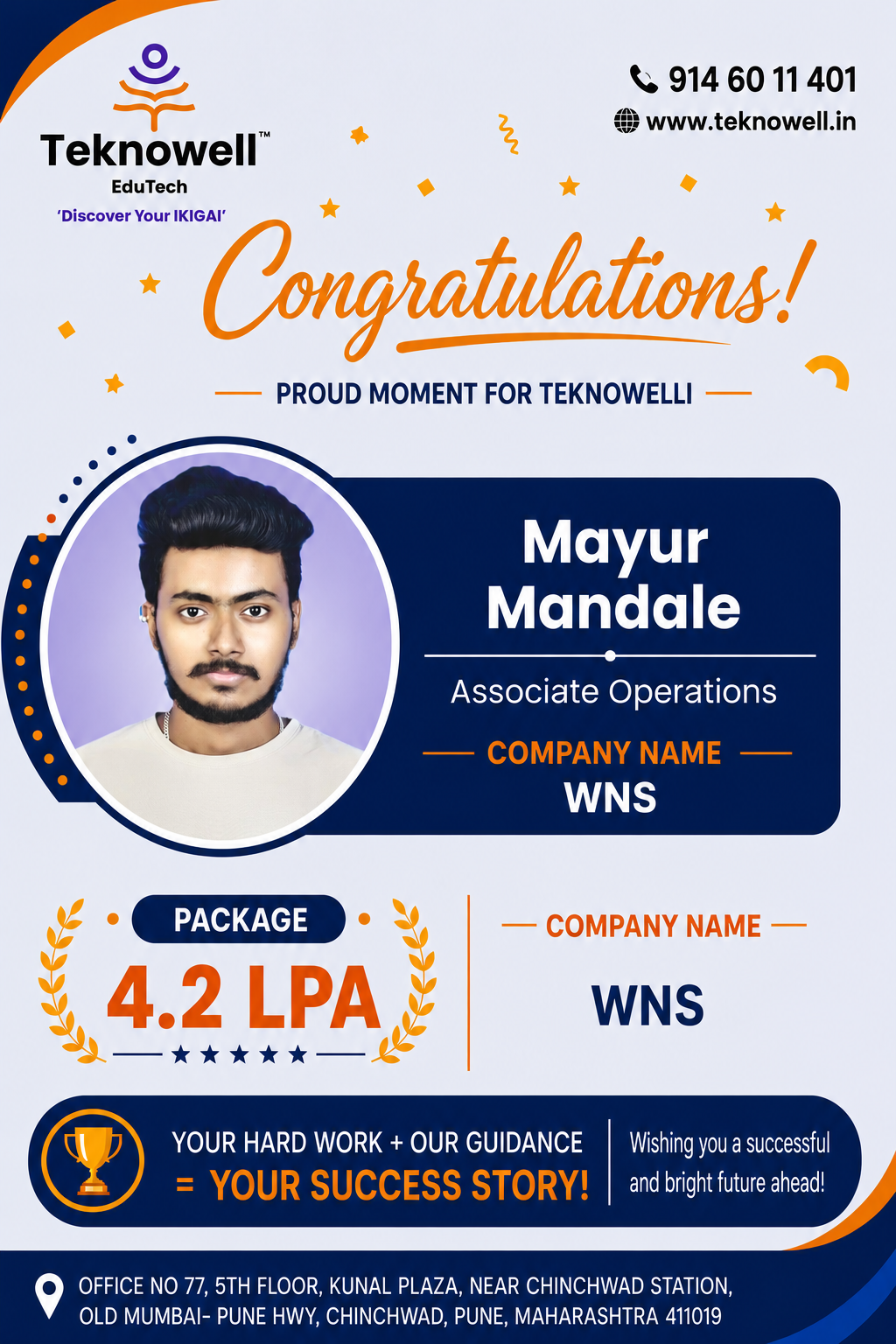 Teknowell EduTech congratulates Mayur Mandale on being placed as an Associate Operations professional at WNS with a 4.2 LPA package.