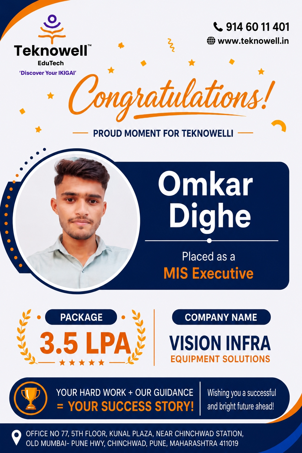 Teknowell EduTech congratulates Omkar Dighe on being placed as an MIS Executive at Vision Infra Equipment Solutions with a 3.5 LPA package.