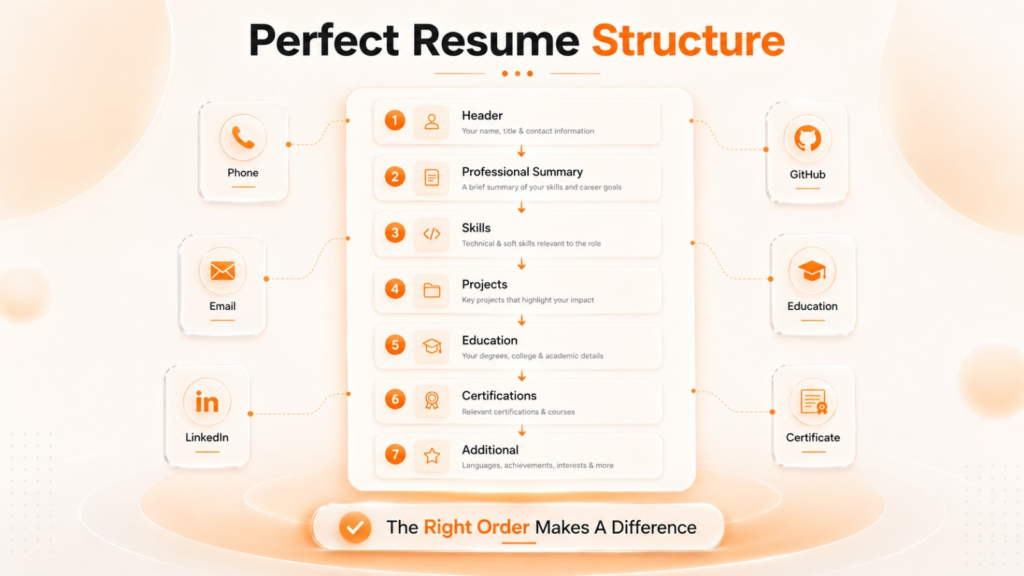 One-page resume layout showing the ideal section order for IT freshers in India