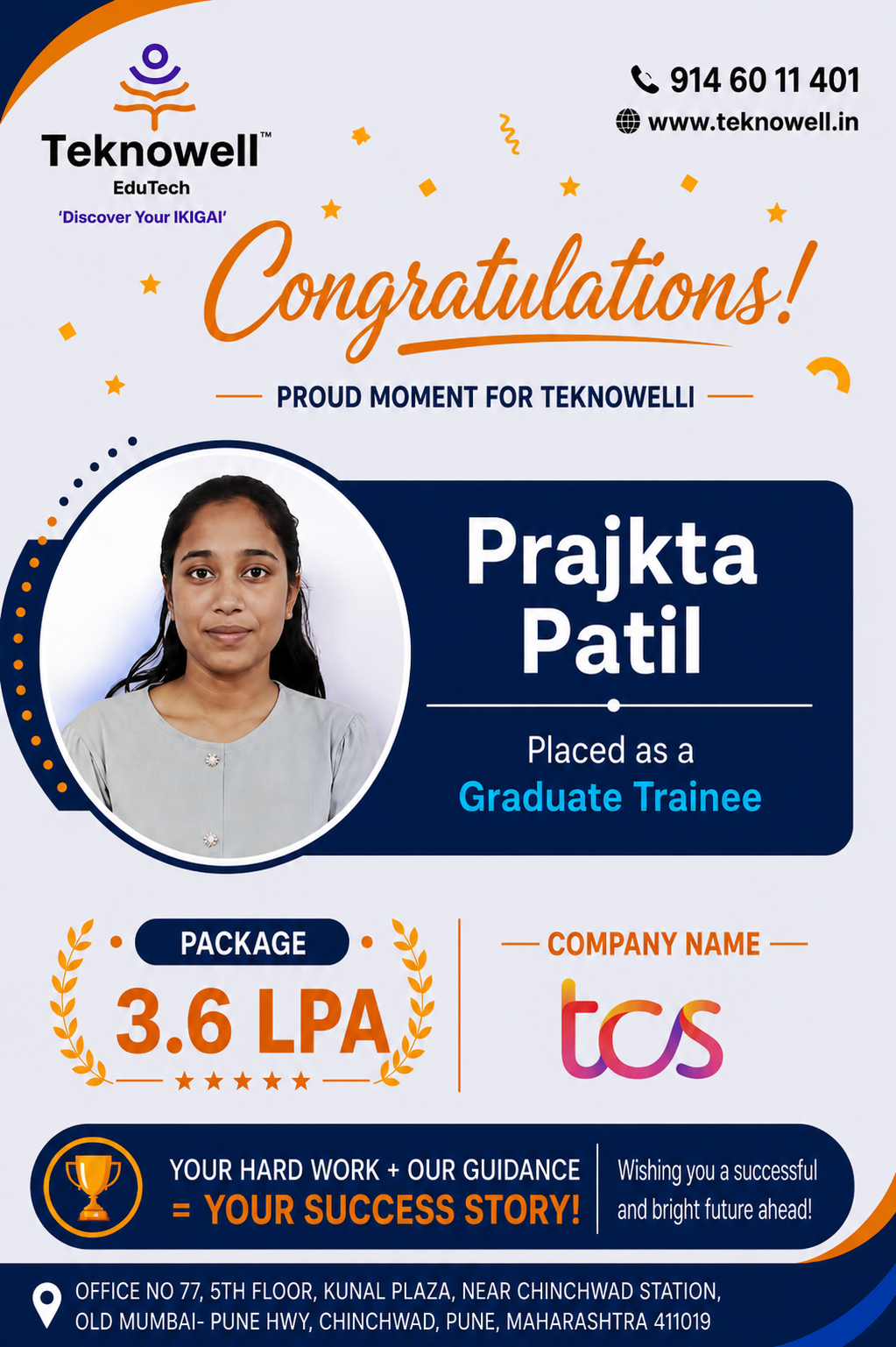 Teknowell EduTech congratulates Prajkta Patil on being placed as a Graduate Trainee at Tata Consultancy Services (TCS) with a 3.6 LPA package.