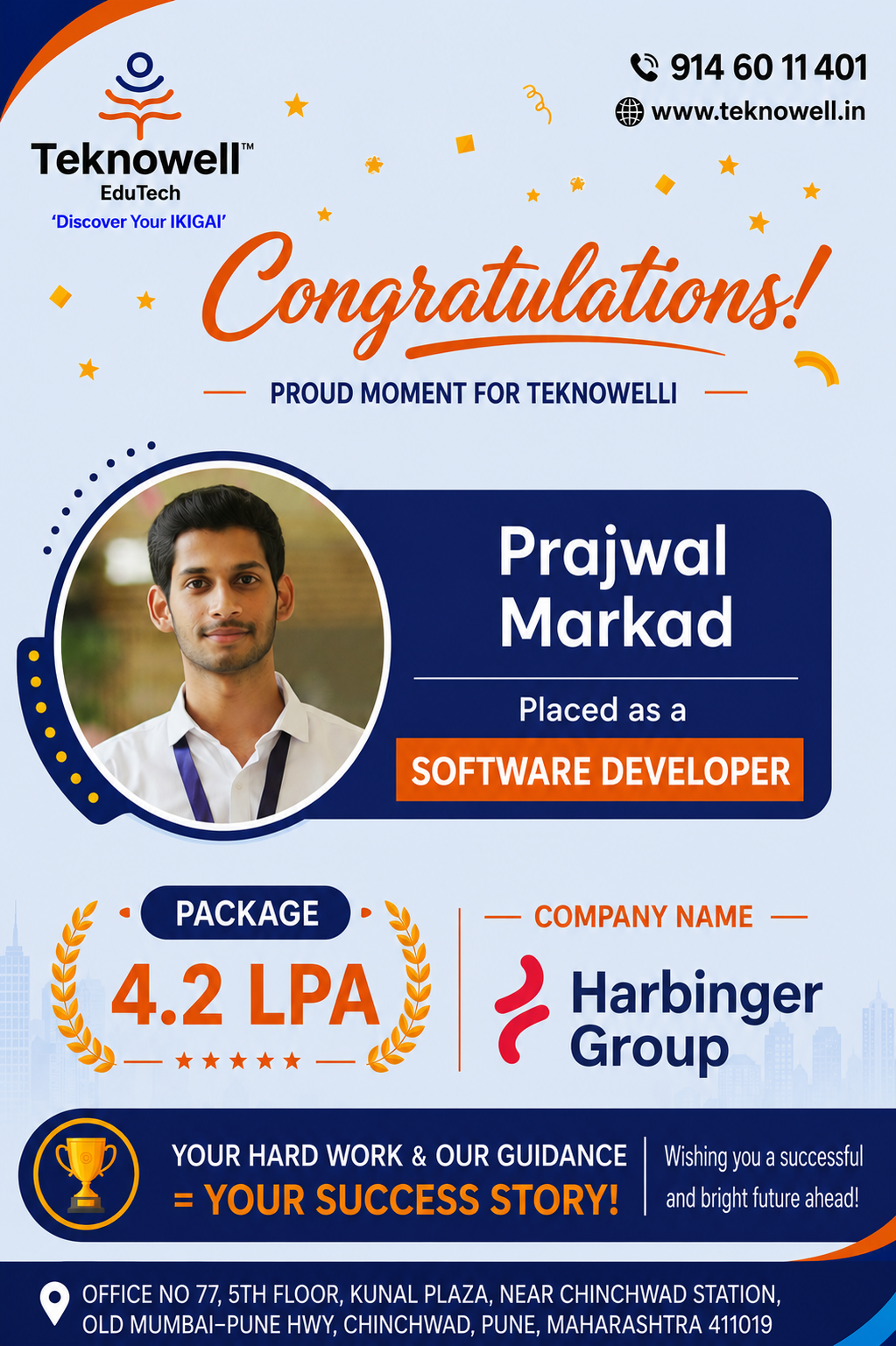 Teknowell EduTech congratulates Prajwal Markad on being placed as a Software Developer at Harbinger Group with a 4.2 LPA package.