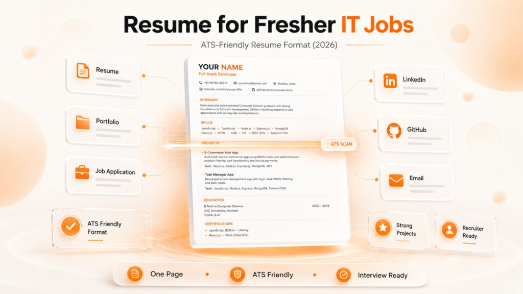 ATS-friendly resume infographic showing a one-page IT fresher resume connected to LinkedIn, GitHub, and job applications.