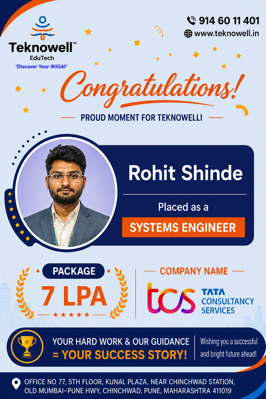 Teknowell EduTech congratulates Rohit Shinde on being placed as a Systems Engineer at Tata Consultancy Services (TCS) with a 7 LPA package.