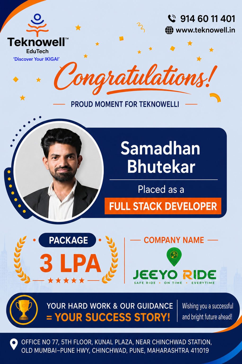 Teknowell EduTech congratulates Samadhan Bhutekar on being placed as a Full Stack Developer at Jeeyo Ride with a 3 LPA package.