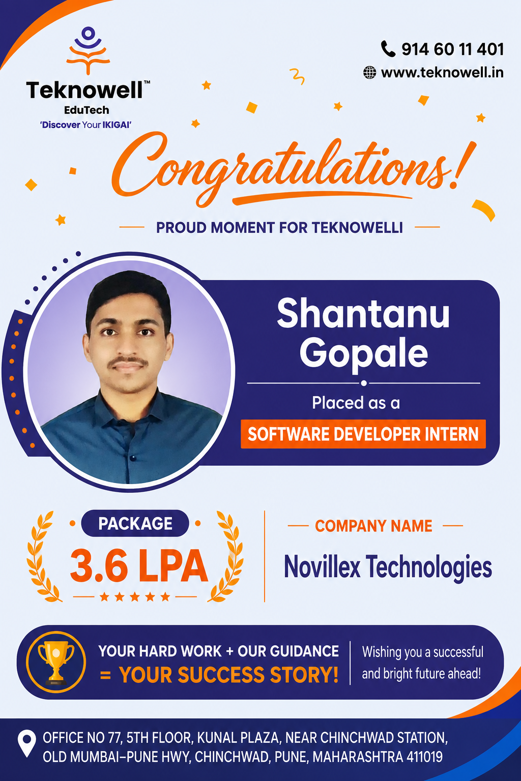 Teknowell EduTech congratulates Shantanu Gopale on being placed as a Software Developer Intern at Novillex Technologies with a 3.6 LPA package.