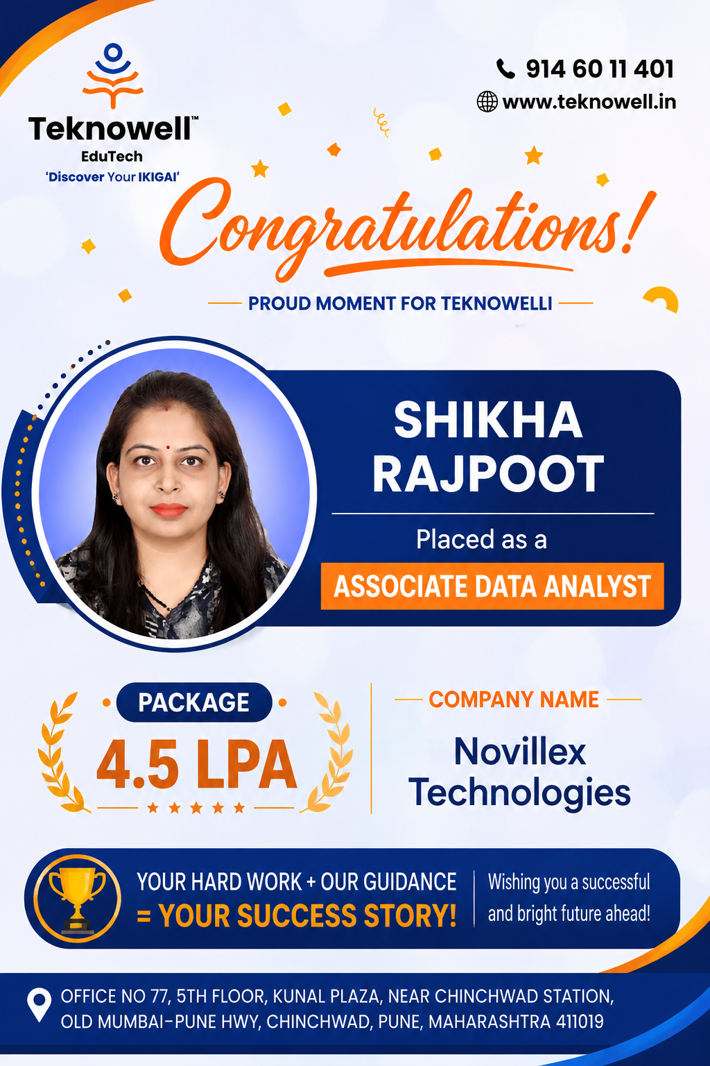 Teknowell EduTech congratulates Shikha Rajpoot on being placed as an Associate Data Analyst at Novillex Technologies with a 4.5 LPA package.