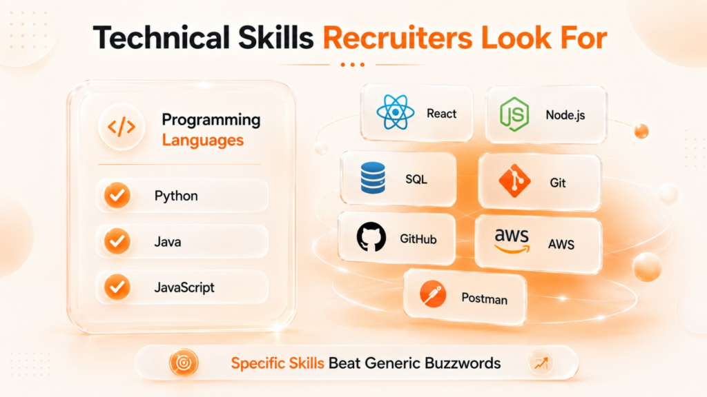Technical skills infographic highlighting programming languages, frameworks, cloud tools, and version control for IT resumes.