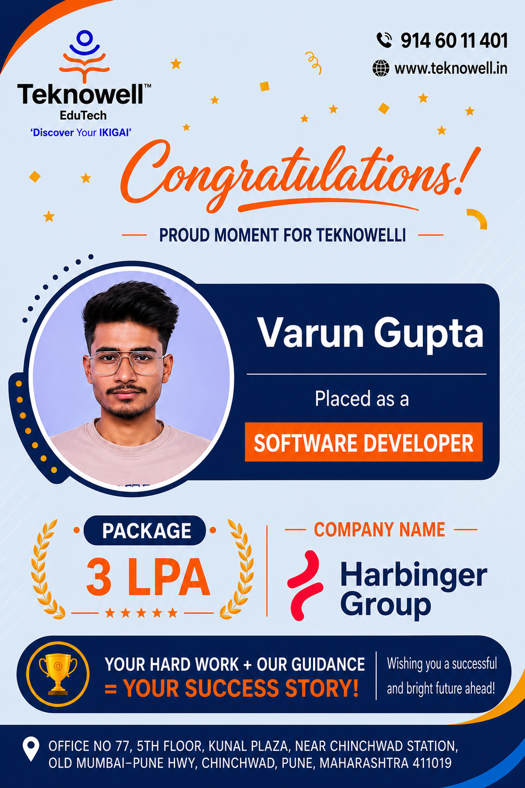 Teknowell EduTech congratulates Varun Gupta on being placed as a Software Developer at Harbinger Group with a 3 LPA package.