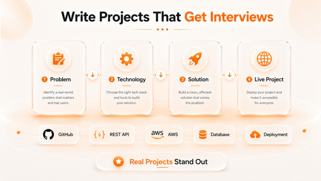 Resume project writing framework showing problem, technology, solution, and deployment.