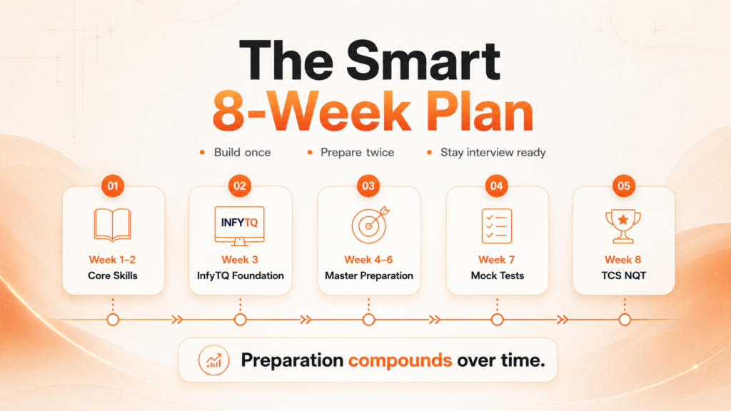 Eight-week preparation timeline infographic for InfyTQ and TCS NQT showing an efficient learning sequence