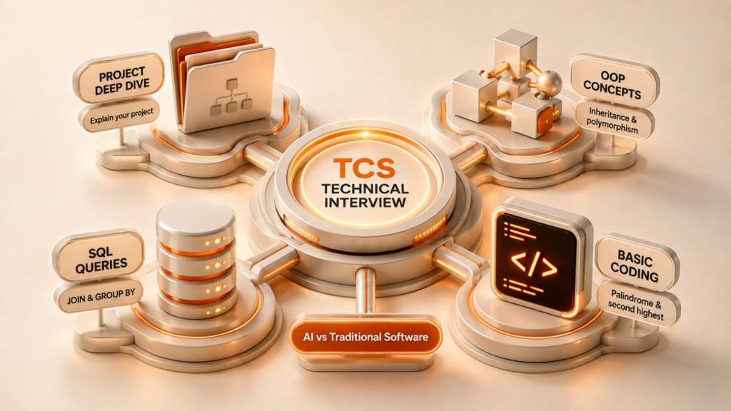 TCS technical interview questions covering projects, OOP, SQL and coding