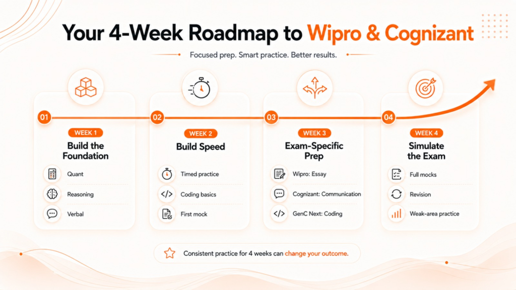 Four-week Wipro Elite NTH and Cognizant GenC preparation plan