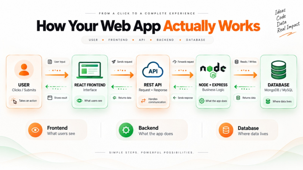 Full stack web application flow connecting a React frontend with a Node.js and Express backend through REST APIs and a database 