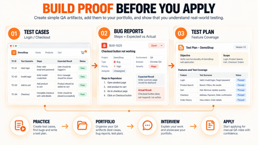 Manual testing portfolio infographic showing test cases, bug reports, test plans, interview preparation, and job applications