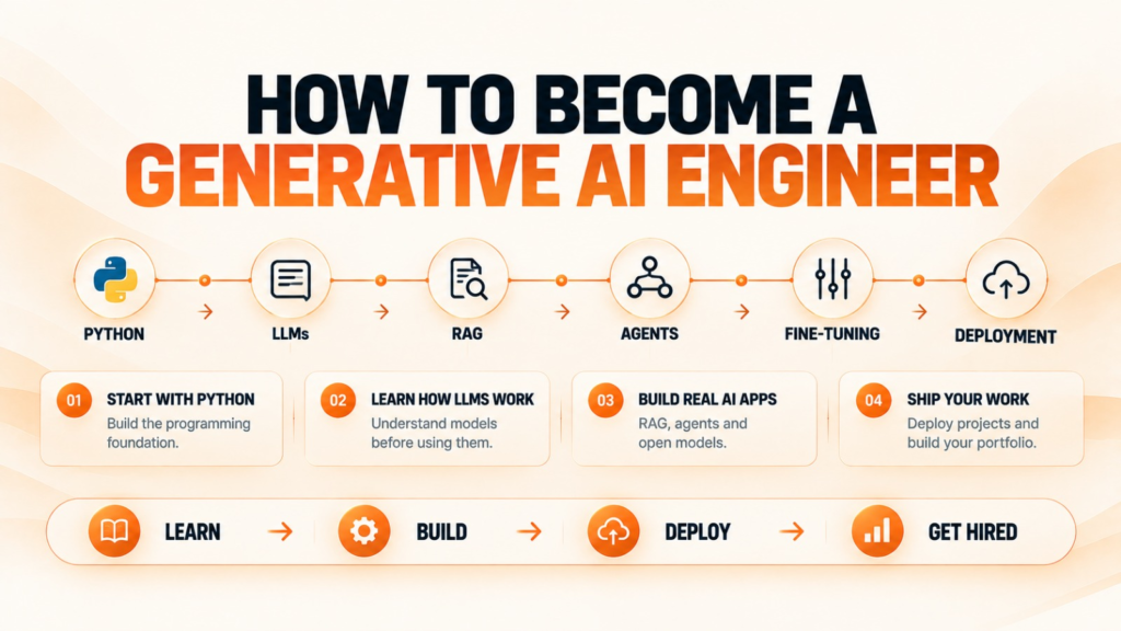 Generative AI engineer roadmap showing Python, LLMs, RAG, AI agents, fine-tuning and deployment