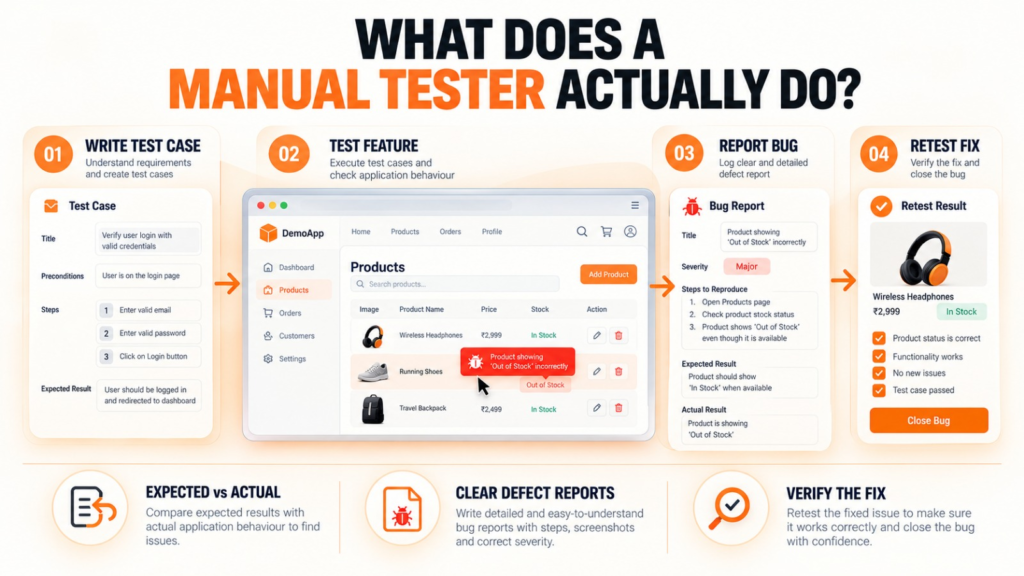 Manual tester workflow showing test cases, feature testing, bug reporting, and retesting