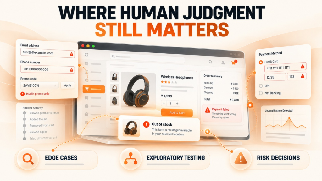 Software testing areas where human judgment remains important, including edge cases, exploratory testing and risk decisions